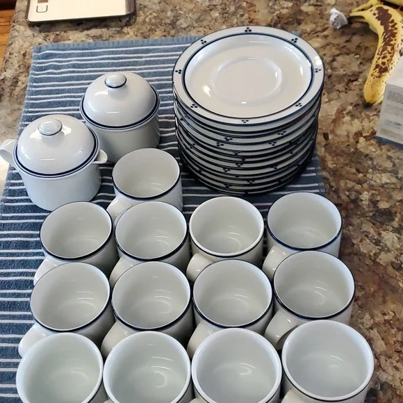 Dansk Bistro Fredriksborg Blue Coffee Mugs Saucers Cream Sugar Set of 30 - Picture 1 of 12